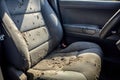 Close up of man cleaning car interior with sponge. Car detailing concept, Dry wash cleaner is removing dirt and dust from the car