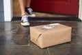 Close Up Of Man Collecting Parcel Delivery Outside Door