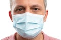 Close-up of man face with medical surgical disposable mask