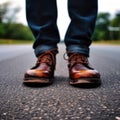 Close up man feet wearing shoes standing on asphalt road.AI generated