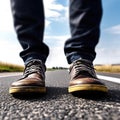 Close up man feet wearing shoes standing on asphalt road.AI generated