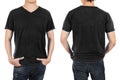 Close up of man in front and back black shirt on white background. Royalty Free Stock Photo