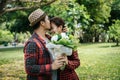 Close-up of a man giving happy woman flowers.A picture of a romantic couple Royalty Free Stock Photo