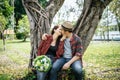 Close-up of a man giving happy woman flowers.A picture of a romantic couple Royalty Free Stock Photo