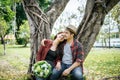 Close-up of a man giving happy woman flowers.A picture of a romantic couple