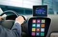 Close up of man with gps on tablet pc driving car Royalty Free Stock Photo