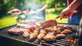 Close up of man grilling food on barbecue. Generative AI