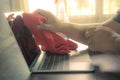 Close up man hand cleaning Laptop Flat screen. Royalty Free Stock Photo