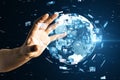 Close up of man hand holding creative globe with telecommunication picture icons.