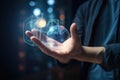 Close up of man hand holding glowing earth globe. Generative AI Royalty Free Stock Photo