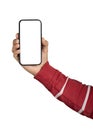 Close up of man hand holding modern smart phone mockup. Royalty Free Stock Photo