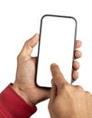 Close up of man hand holding modern smart phone mockup. Royalty Free Stock Photo