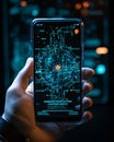 Close up of man hand holding smartphone with glowing circuit interface on screen