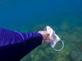 Close up of man hand picking up mask for cleaning area in dirty ocean. Covid-19 Royalty Free Stock Photo