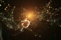 Close up of man hand pushing and using glowing polygonal mesh interface on background. Technology and network concept Royalty Free Stock Photo