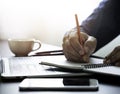 Close-up of man hand using writing pencil memo on notebook paper or letter. Royalty Free Stock Photo