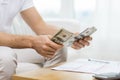 Close up of man hands counting money at home Royalty Free Stock Photo