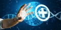 Close up of man hands holding glowing DNA helix, globe and healthcare cross hologram on dark background. Medicine and
