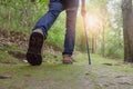 Close-up of man hikers shoes. A man walks along a path in the woods, Walk in the forest to climb the mountain. Royalty Free Stock Photo