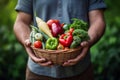 Close-up man holding basket of fresh organic vegetables. Generative AI Royalty Free Stock Photo