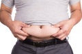 Close-up of man holding unhealthy big belly visceral subcutaneous fats