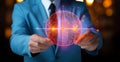 Close up Man holds a colorful virtual atom model on the background