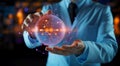 Close up Man holds a colorful virtual atom model on the background