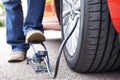 Close Up Of Man Inflating Car Tyre With Foot Pump Royalty Free Stock Photo