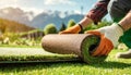 Close-up of a Man Laying a Roller Sod for New Garden Lawn - Generative Ai