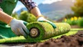 Close-up of a Man Laying a Roller Sod for New Garden Lawn - Generative Ai Royalty Free Stock Photo