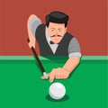 Close up man with mustache shooting pool ball, illustration of billiard game in cartoon flat illustration editable vector Royalty Free Stock Photo