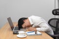 Man with narcolepsy is fall asleep on office desk.Narcolepsy is a sleep disorder that makes people very drowsy during the day