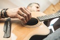 Close-up of a man playing Spanish guitar. Guitarist and musician Royalty Free Stock Photo