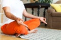 Close Up. Man practicing yoga and meditation at home. A series of yoga poses. Lifestyle concept Royalty Free Stock Photo