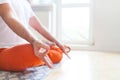 Close Up. Man practicing yoga and meditation at home. A series of yoga poses. Lifestyle concept Royalty Free Stock Photo