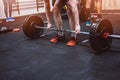 Close up on man preparing to barbell deadlift Royalty Free Stock Photo