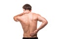 Close up of man rubbing his painful back on white background Royalty Free Stock Photo