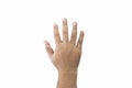 Close-up man's back of hand goodwill gesture. Open outstretched hand, showing five fingers, extended in greeting copy space