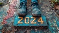 Close-up of man\'s feet standing on the road with the number 2024