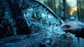 Close-up of a man\'s hand breaking the windshield with frozen ice of a car