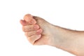 Close-up Man`s Hand Clenching His Fist Over White Background