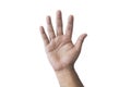 Close-up man's hand goodwill gesture. Open outstretched hand, showing five fingers, extended in greeting copy space.