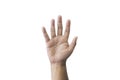 Close-up man's hand goodwill gesture. Open outstretched hand, showing five fingers, extended in greeting copy space.