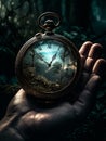 Close-up of a man\'s hand holding a clock against a dark background and dramatic lighting. AI generated Royalty Free Stock Photo