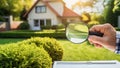 Close-up of a man\'s hand holding a magnifying glass and looking at a house