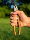 Close-up of a man`s hand holding old dirty pliers against a green landscape. Sunlight, tools. Vertical photo Royalty Free Stock Photo