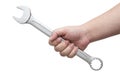 Close up of man`s hand holding wrench with copy space, isolated on white background Royalty Free Stock Photo