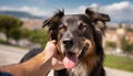 Close-up of a man\'s hand petting a happy dog outdoor