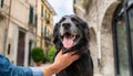 Close-up of a man\'s hand petting a happy dog outdoor