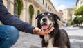 Close-up of a man\'s hand petting a happy dog outdoor